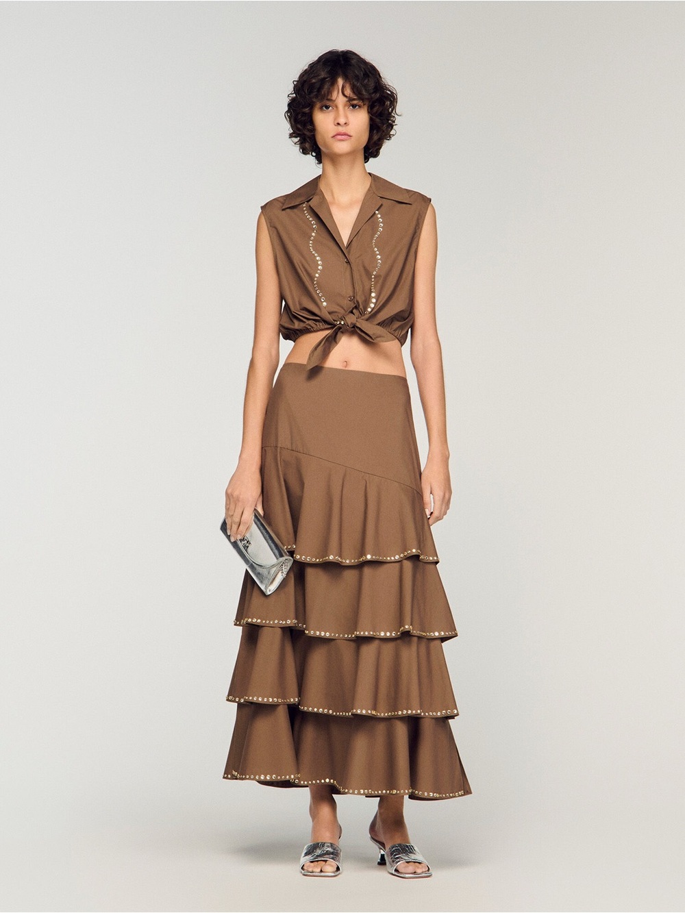 NEW SANDRO PARIS MAXI RUFFLED RHINESTONE SKIRT